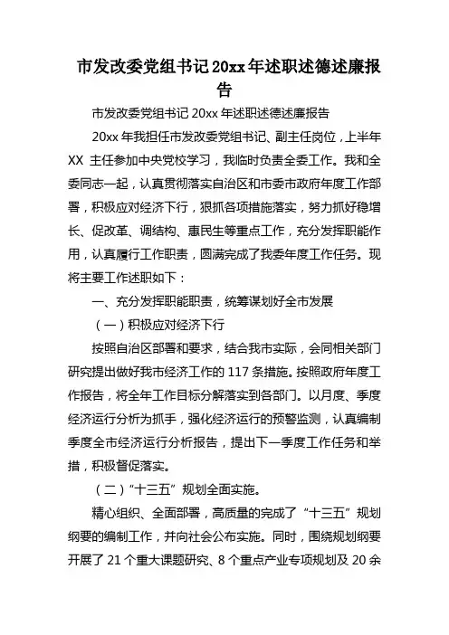 市发改委党组书记XX年述职述德述廉报告
