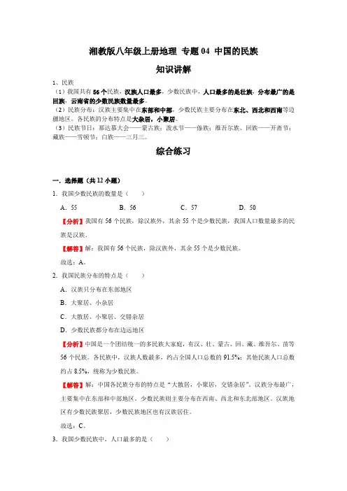 湘教版地理八年级上册期末高分突破 专题04 中国的民族(解析版)