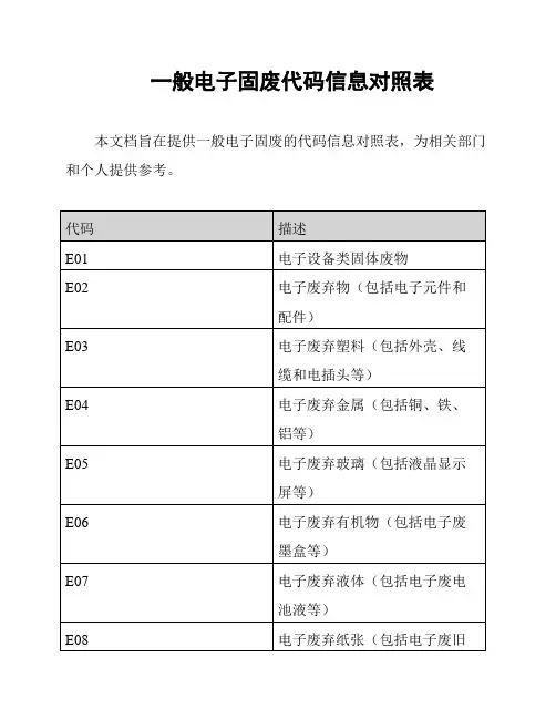 一般电子固废代码信息对照表