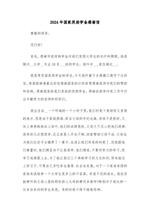 2024年国家奖助学金感谢信(四篇)