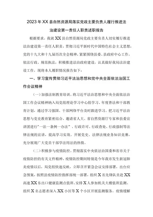 2022年XX县自然资源局落实党政主要负责人履行推进法治建设第一责任人职责述职报告