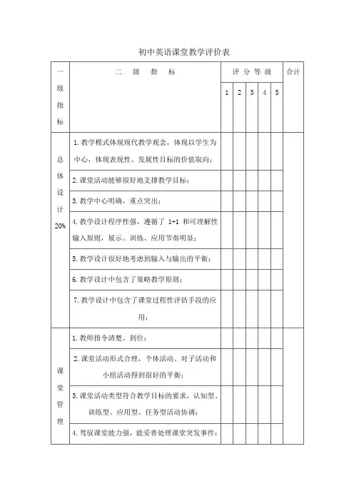 初中英语课堂教学评价表