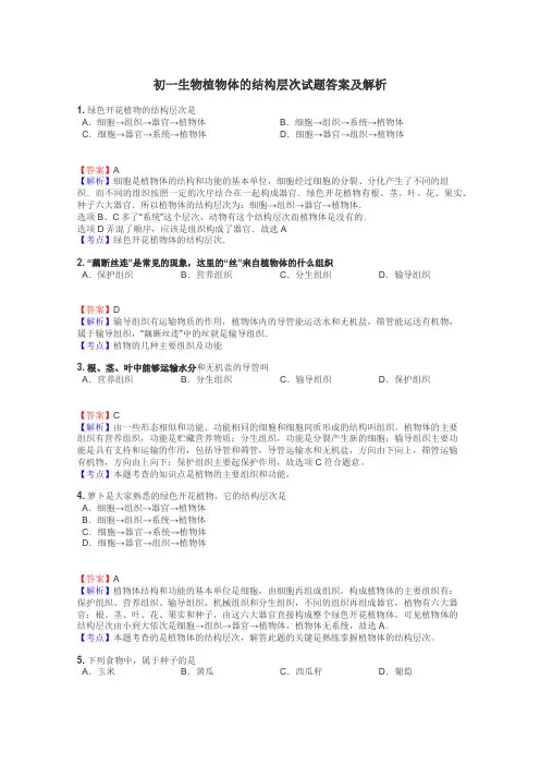 初一生物植物体的结构层次试题答案及解析

