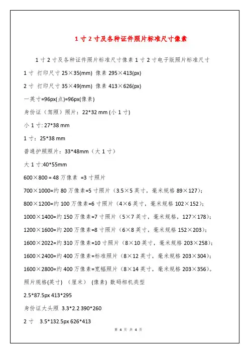 1寸2寸及各种证件照片标准尺寸像素