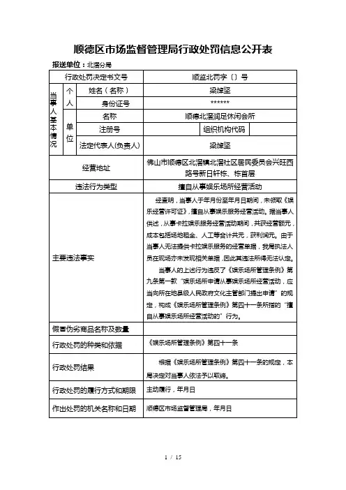 顺德区市场监督管理局行政处罚信息公开表