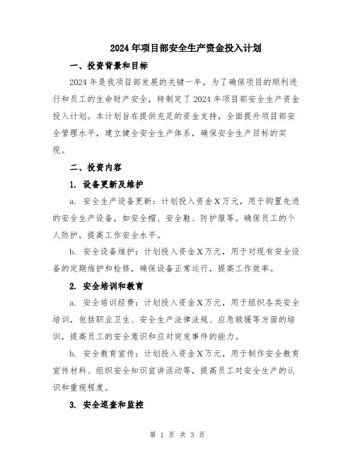 2024年项目部安全生产资金投入计划