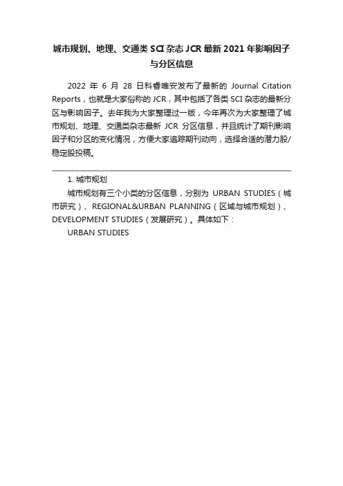 城市规划、地理、交通类SCI杂志JCR最新2021年影响因子与分区信息