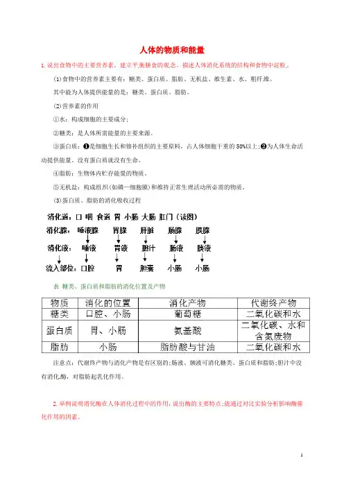 中考科学重点知识点 人体的物质和能量 (新版)浙教版