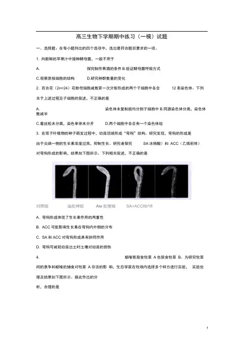 北京市海淀区高三生物下学期期中练习(一模)试题