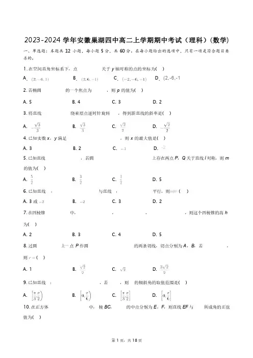 2023-2024学年安徽巢湖四中高二上学期期中考试(理科)(数学)+答案解析(附后)