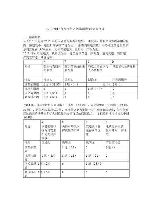 2013-2017年高考英语全国新课标卷试卷分析