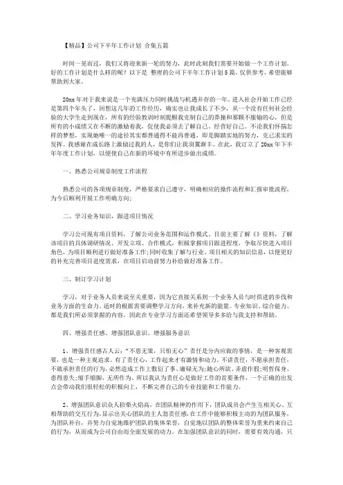 2020年【精品】公司下半年工作计划范文合集五篇