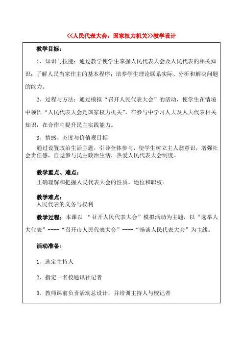 高中政治 《人民代表大会国家权力机关》教案9 新人教版必修2