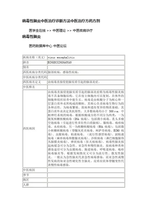 病毒性脑炎中医治疗诊断方法中医治疗方药方剂
