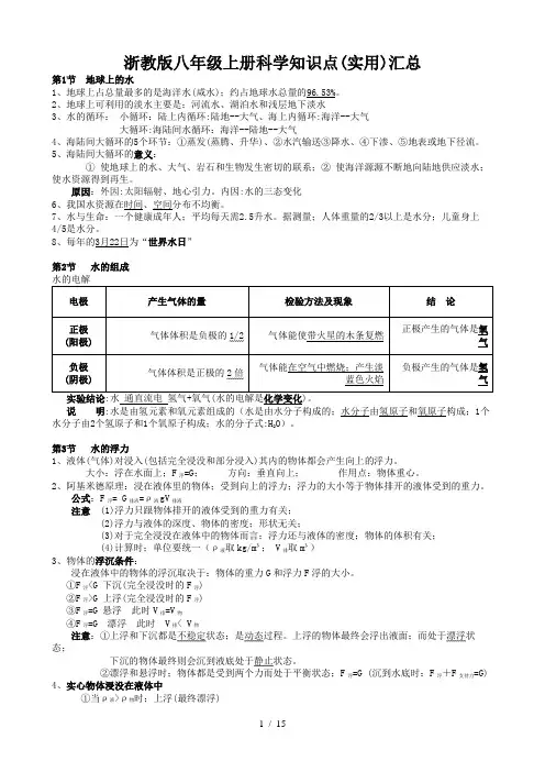 浙教版八年级上册科学知识点(实用)汇总