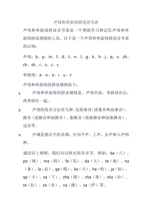 声母和单韵母拼读音节表