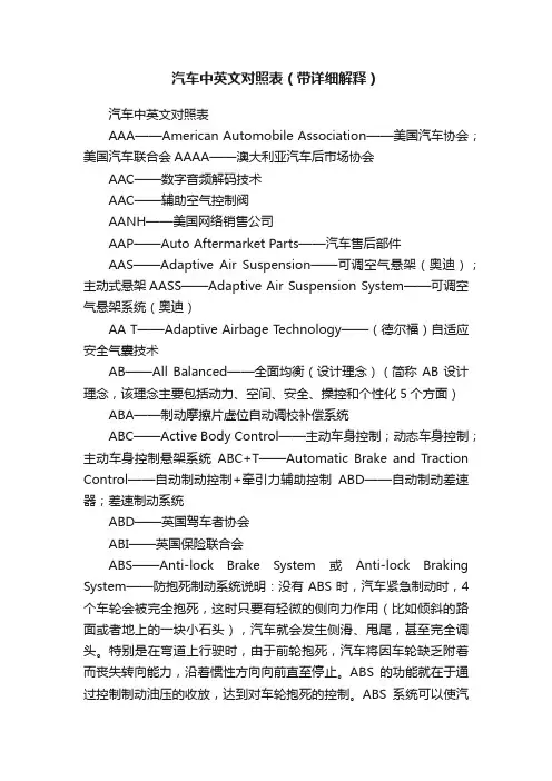 汽车中英文对照表（带详细解释）