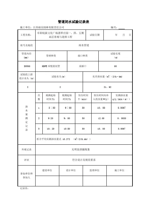 管道闭水试验记录表