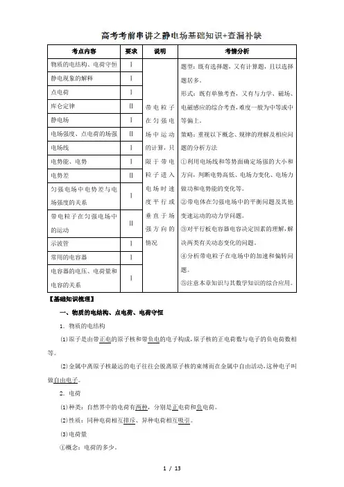 专题08 静电场基础知识查漏补缺-2021年全国高考物理考前复习大串讲 Word版含解析