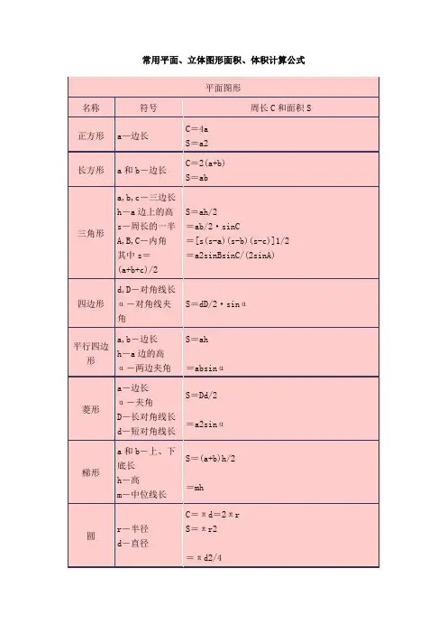 常用面积体积计算公式
