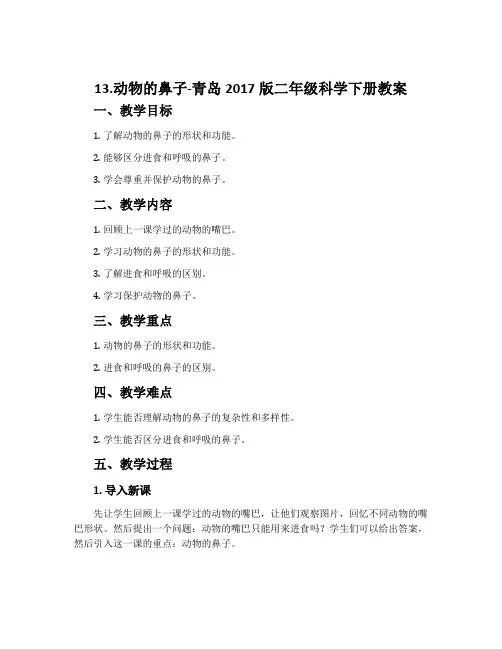 13.动物的鼻子-青岛2017版二年级科学下册教案