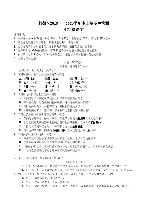 四川成都郫都区2019——2020学年七年级上学期期中考试语文试题(答案)