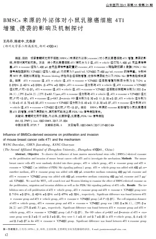 bmscs来源的外泌体对小鼠乳腺癌细胞4t1增殖、侵袭的影响及机制探讨