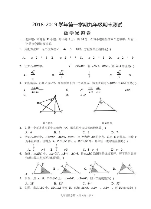 2018-2019学年第一学期九年级期末数学试题卷