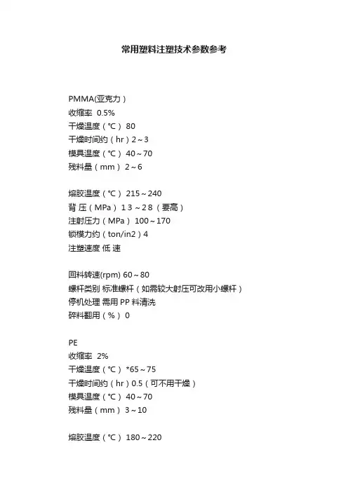 常用塑料注塑技术参数参考