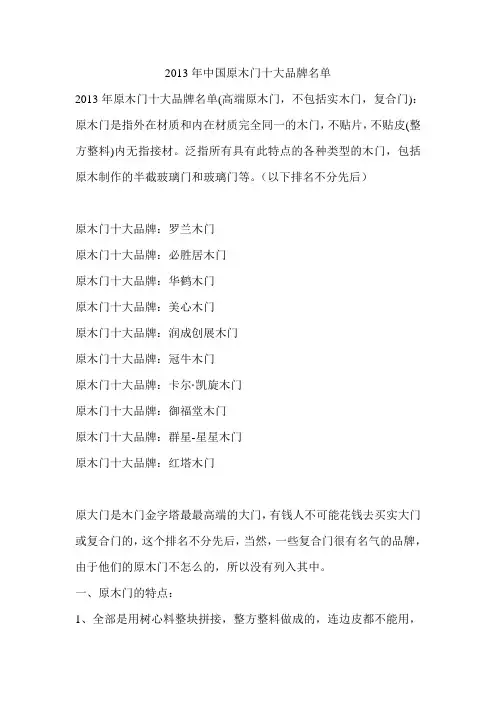 2013年中国原木门十大品牌名单