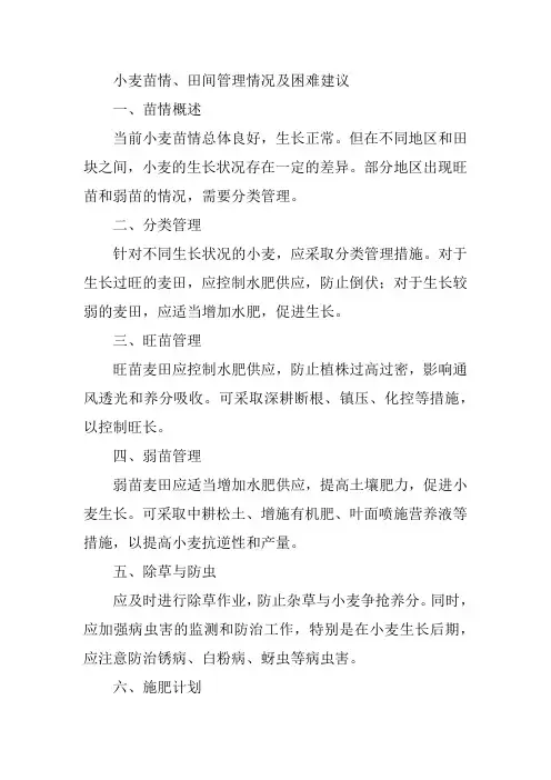 小麦苗情、田间管理情况 及困难建议