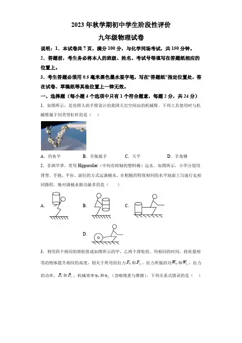 江苏省泰州市兴化市2023-2024学年九年级上学期期中考试物理试题(含解析)