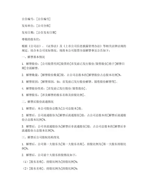 全面解禁通知公告模板