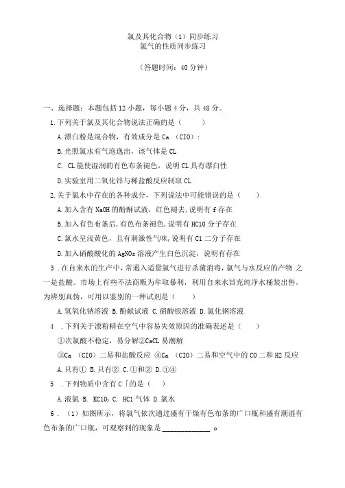 化学高中必修第一册氯及其化合物(1)同步练习-人教版(2019)