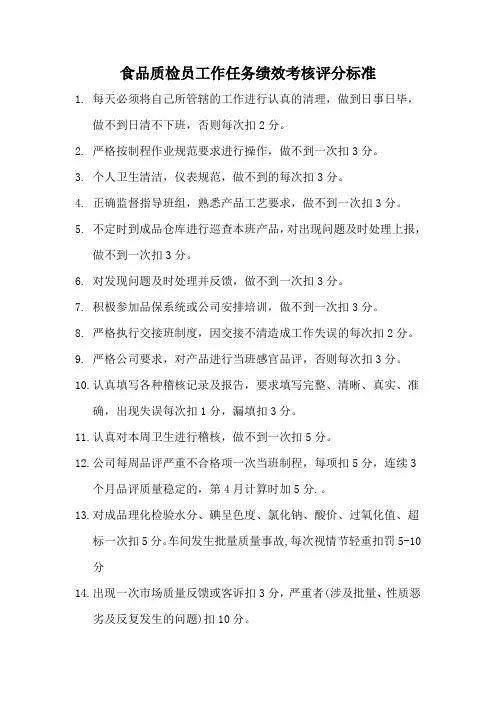 食品质检员工作任务绩效考核评分标准