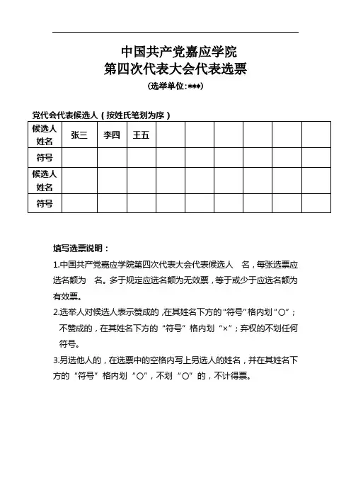 嘉应学院第四次党代会代表选票(样本)