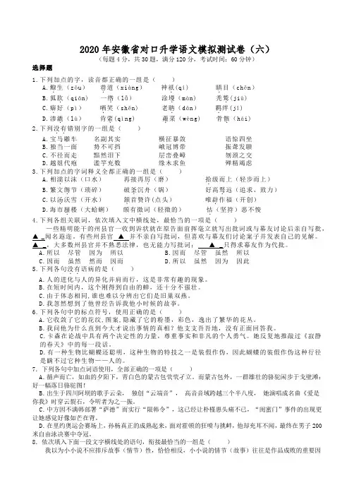 2020年安徽省对口升学语文模拟测试卷(六)