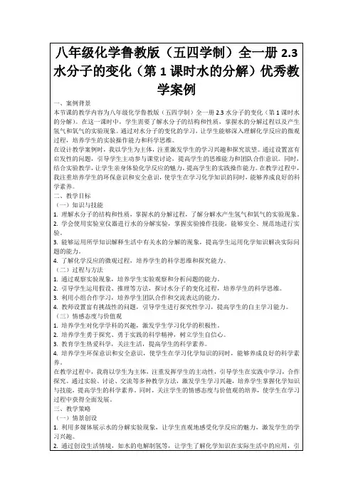 八年级化学鲁教版(五四学制)全一册2.3水分子的变化(第1课时水的分解)优秀教学案例