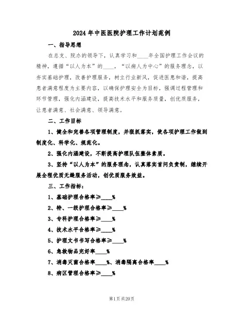 2024年中医医院护理工作计划范例（五篇）