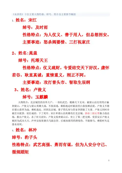 《水浒传》十位主要人物性格、绰号、简介及主要情节概括