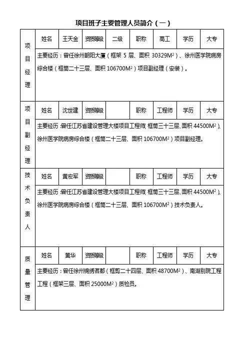 项目班子主要管理人员简介