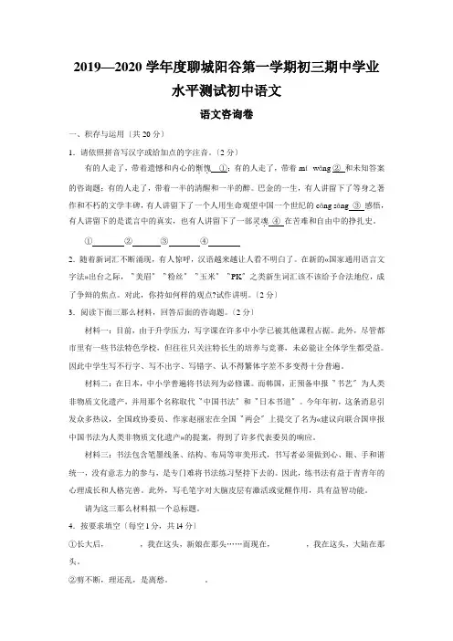 2019—2020学年度聊城阳谷第一学期初三期中学业水平测试初中语文