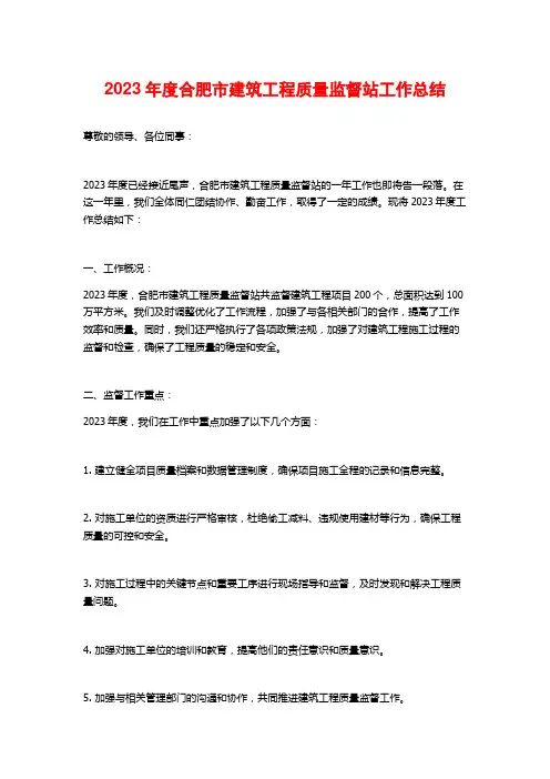 2023年度合肥市建筑工程质量监督站工作总结