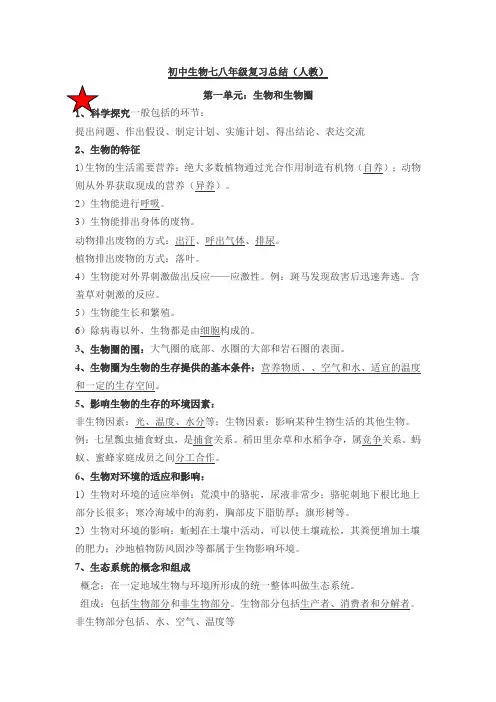 初中生物七八年级结业考试(知识点总结材料附系统图-结构图)(人教)