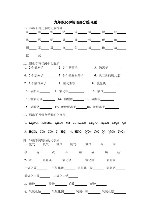 九年级化学用语部分练习题