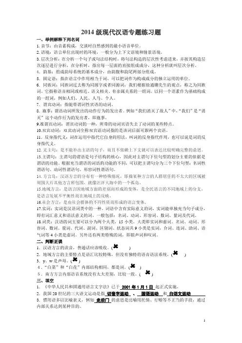 14级现代汉语专题练习题