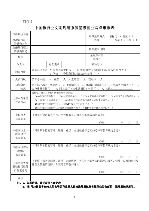 中国银行业文明规范服务星级营业网点申报表