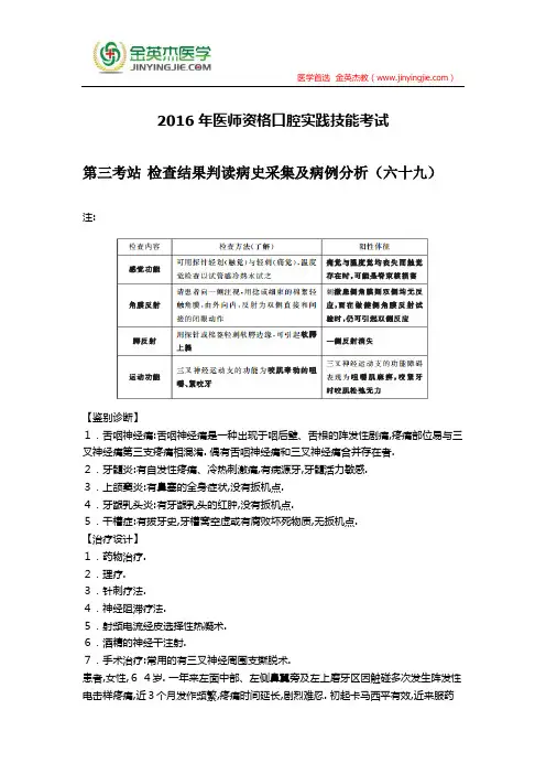 2016年医师资格口腔实践技能考试第三考站 辅助检查结果判读病史采集及病例分析(六十九)