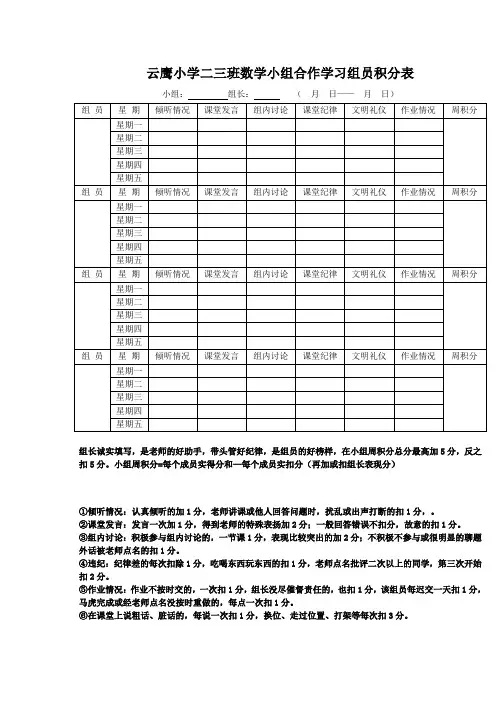 云鹰小学二三班数学小组合作学习组员积分表