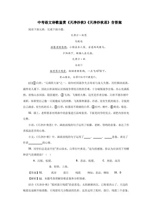 中考语文诗歌鉴赏《天净沙秋》《天净沙秋思》含答案